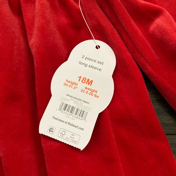 Girls Red Velour Long Sleeve Dress & White Tights Set 18 months - Picture 4 of 7